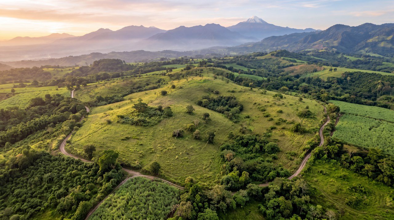 Terreno natural con lomas verdes y el Pico de Orizaba al fondo