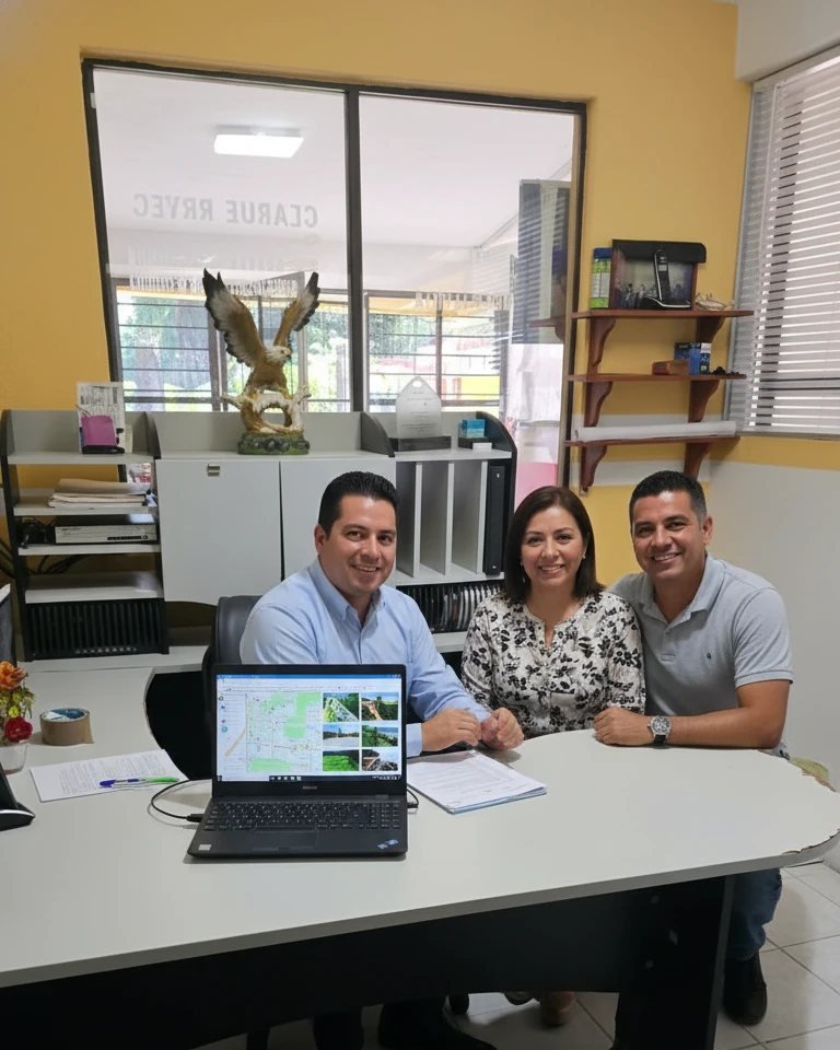Asesores atienden a una pareja en una oficina, con el plano de un desarrollo en la computadora