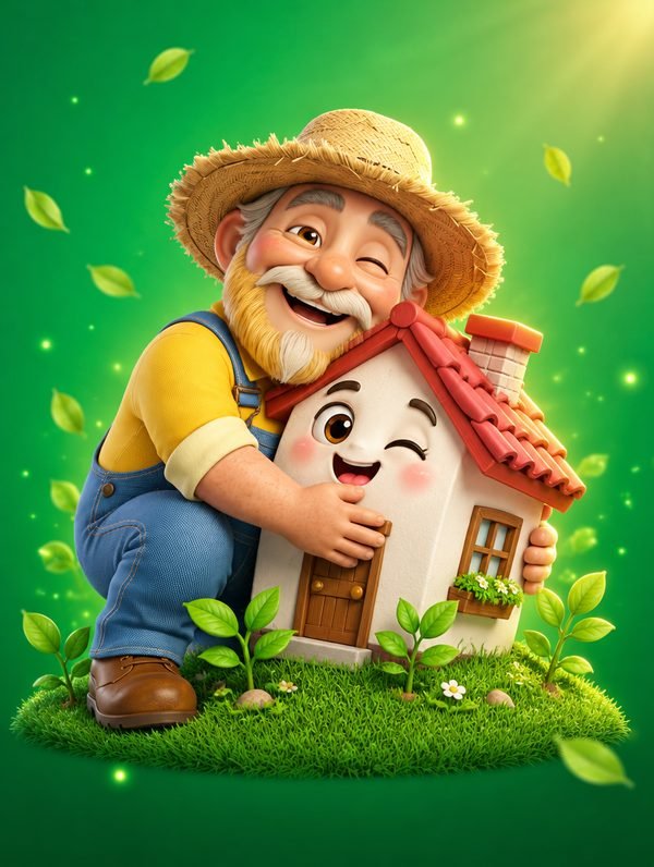 Don Terrenito abraza una casita sonriente