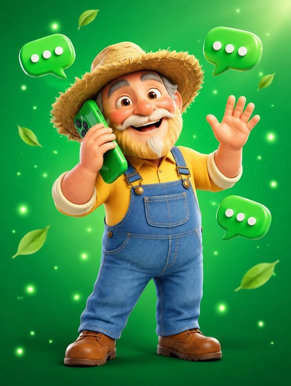 Don Terrenito saluda mientras habla por un celular verde