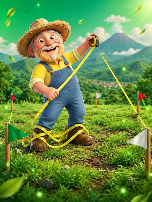 Don Terrenito mide un terreno con una cinta métrica y se enreda los pies
