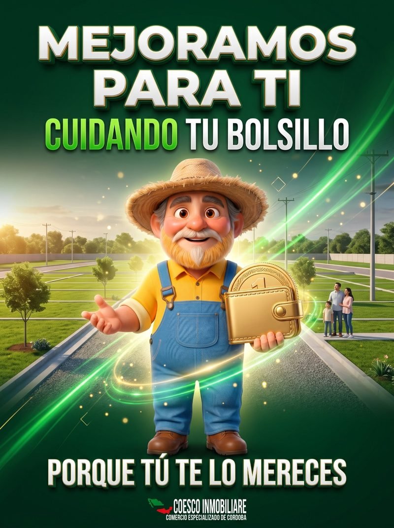 Don Terrenito, personaje de COESCO, con una cartera dorada: «Mejoramos para ti cuidando tu bolsillo. Porque tú te lo mereces.»