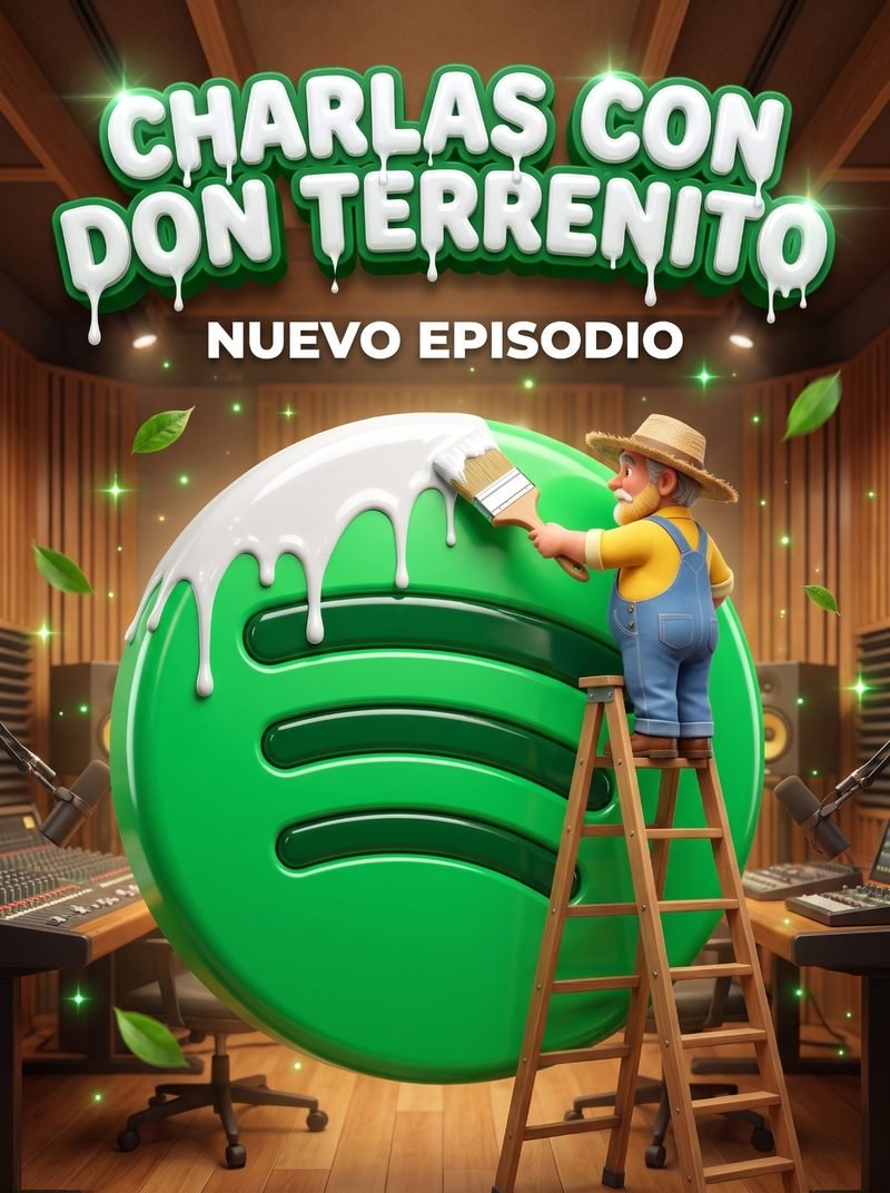 Don Terrenito pinta el logotipo de Spotify sobre una escalera: «Charlas con Don Terrenito. Nuevo episodio.»