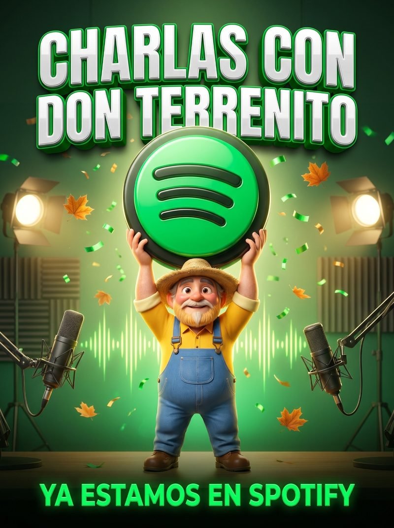 Don Terrenito levanta el logotipo de Spotify en un estudio de grabación: «Charlas con Don Terrenito. Ya estamos en Spotify.»